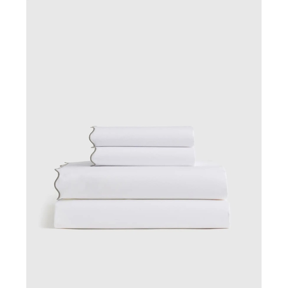 Quince Organic Crisp Percale Scallop Sheet Set Size Full White Dried Sage NWT